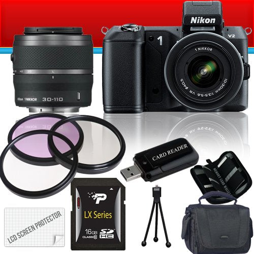 Nikon 1 V2 Mirrorless Digital Camera with 1 NIKKOR VR 10-30mm f/3.5-5.6 Lens Kit and 30-110mm f/3.8-5.6 Lens (Black) 16GB Package