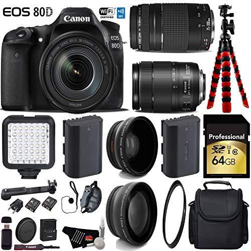 Canon EOS 80D DSLR Camera with 18-135mm is STM Lens & 75-300mm III Lens + LED + UV FLD CPL Filter Kit Deluxe Bundle