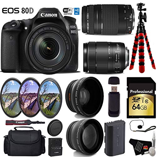 Canon EOS 80D DSLR Camera with 18-135mm is STM Lens & 75-300mm III Lens + UV FLD CPL Filter Kit + Wide Angle & Telephoto Lens Deluxe Bundle