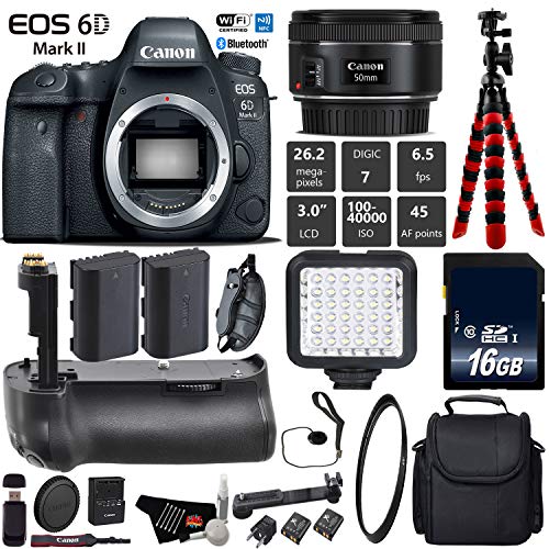 Canon EOS 6D Mark II DSLR Camera With 50mm 1.8 STM Lens + Professional Battery Grip + UV Protection Filter + LED Kit Base Bundle