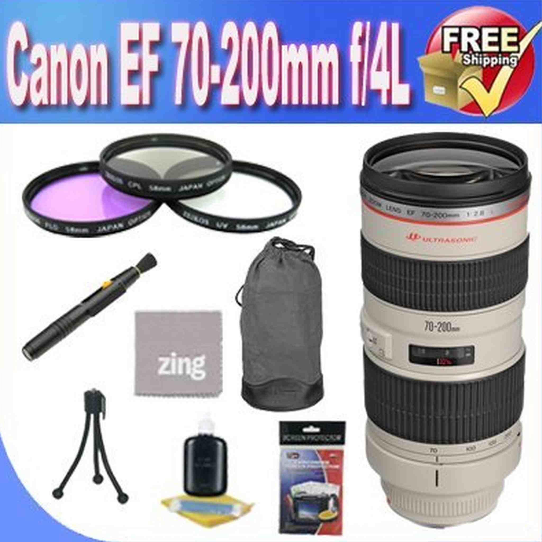 Canon EF 70-200mm f/4L USM Telephoto Zoom Lens + 3 Piece Filter Kit + Lens Case + Zing Microfiber Cleaning Cloth + Lens Pen Cleaner + Lens Accessory Saver Bundle Canon