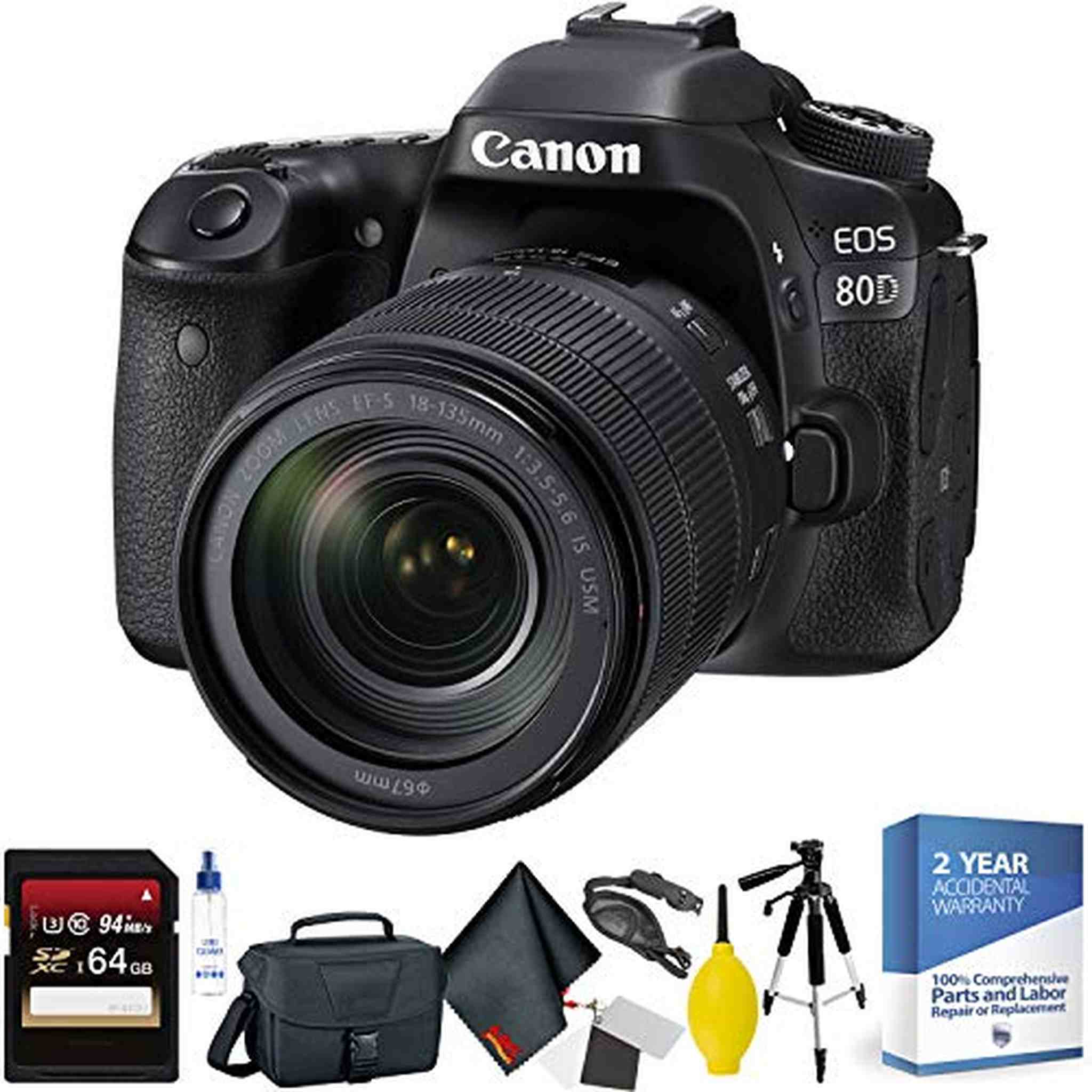Canon EOS 80D DSLR Camera with 18-135mm Lens + 64GB Memory Card + Mega Accessory Kit + 2 Year Accidental Warranty Canon