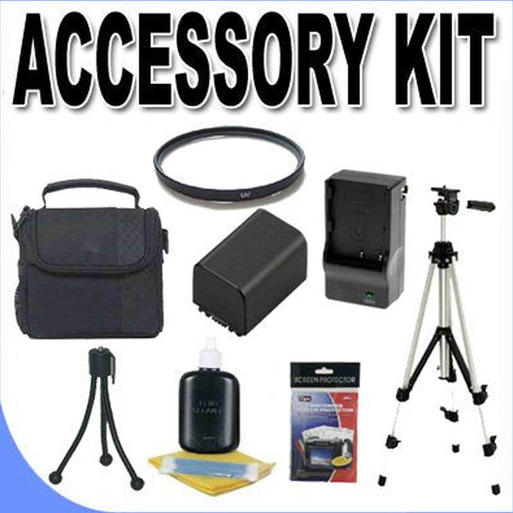 FH100 Lithium Ion Replacement Battery/Charger Tripod 37mm UV Filter BigVALUEInc Accessory Saver Case Bundle f/Sony Camcorders