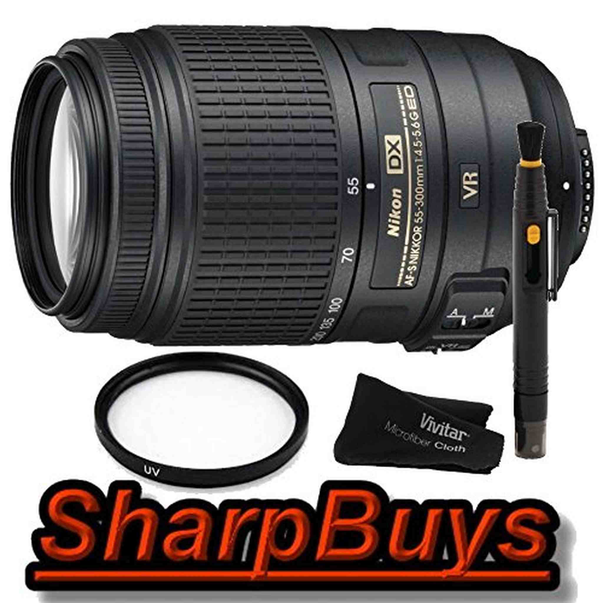 55-300mm f/4.5-5.6G ED VR AF-S DX Zoom-Nikkor Vibration Reduction Lens + Ultra-Violet UV Filter + Lens Cleaning Pen + Sharp Buys Microfiber Cleaning Cloth for Digital SLR Cameras SharpBuys