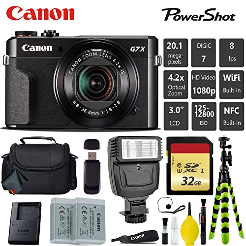 Canon PowerShot G7 X Mark II Point and Shoot Digital Camera + Extra Battery + Digital Flash + Camera Case + 32GB Class 1 Card Bundle