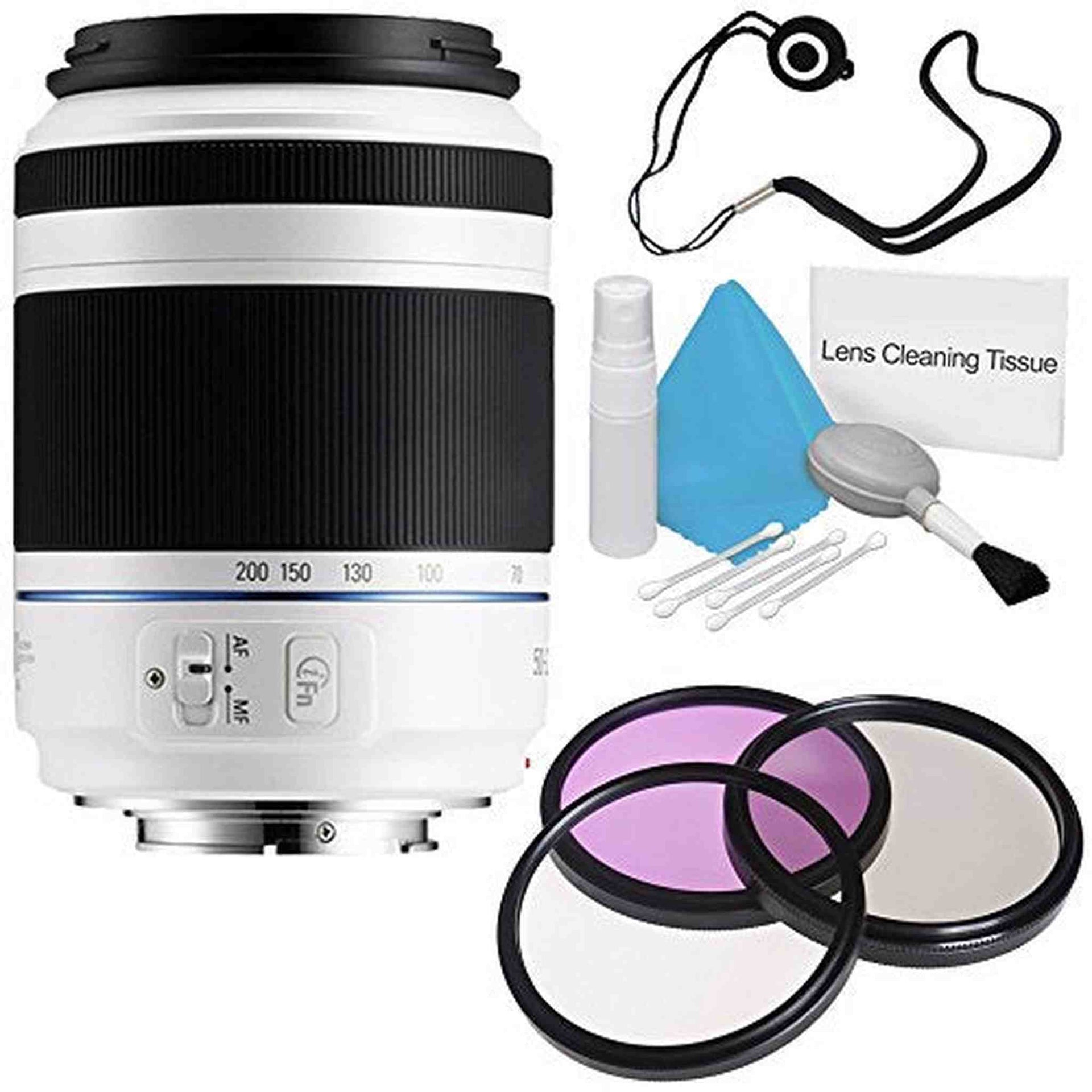 Samsung 50-200mm f/4.0-5.6 ED OIS Lens White EX-T50200CSWUS + 3 Piece Filter Kit + Lens Cap Keeper + Deluxe Cleaning K