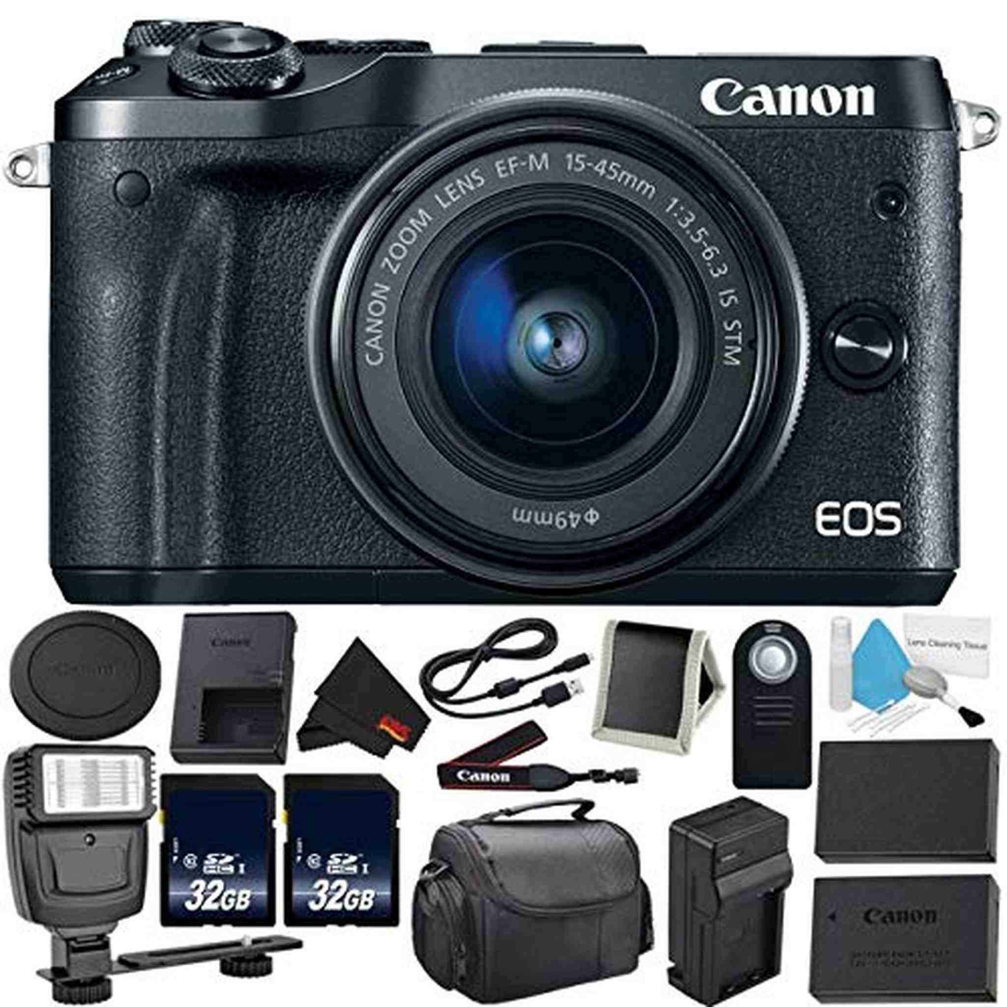 Canon EOS M6 Mirrorless Digital Camera with 15-45mm f/3.5-6.3 is STM Lens Kit- Bundle with 32GB Memory Cards + Remote+ E