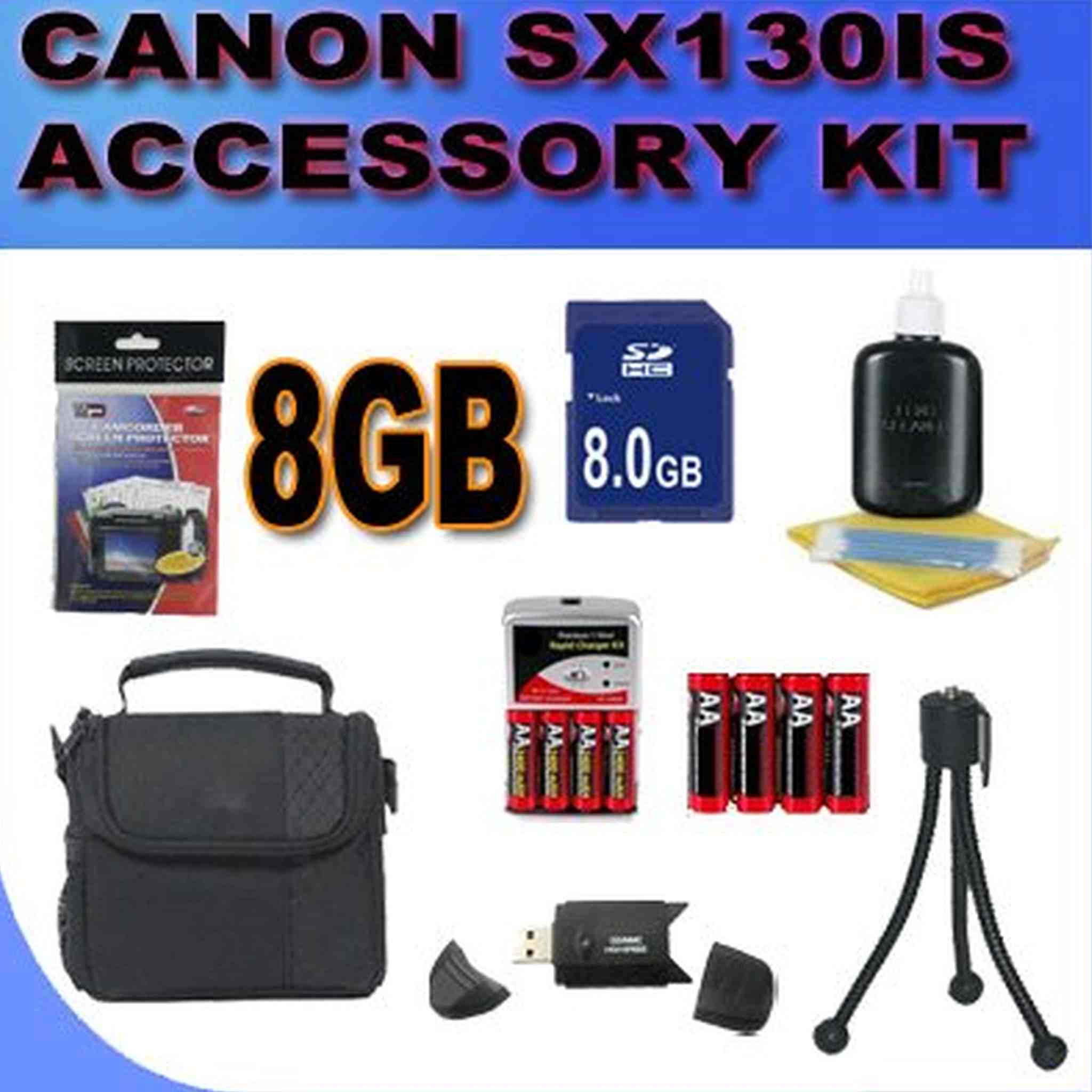 BigVALUEInc Accessory Saver Bundle Kit for Canon Powershot SX130IS SX130 Digital Camera 8GB SDHC Card, Card Reader, Batt