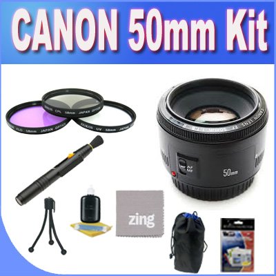 Canon EF 50mm f/1.8 II Camera Lens + 3 Piece Filter Kit w/Case + Lens Pouch + Microfiber Cleaning Cloth + Lens Pen Cleaner + Accessory Saver Bundle