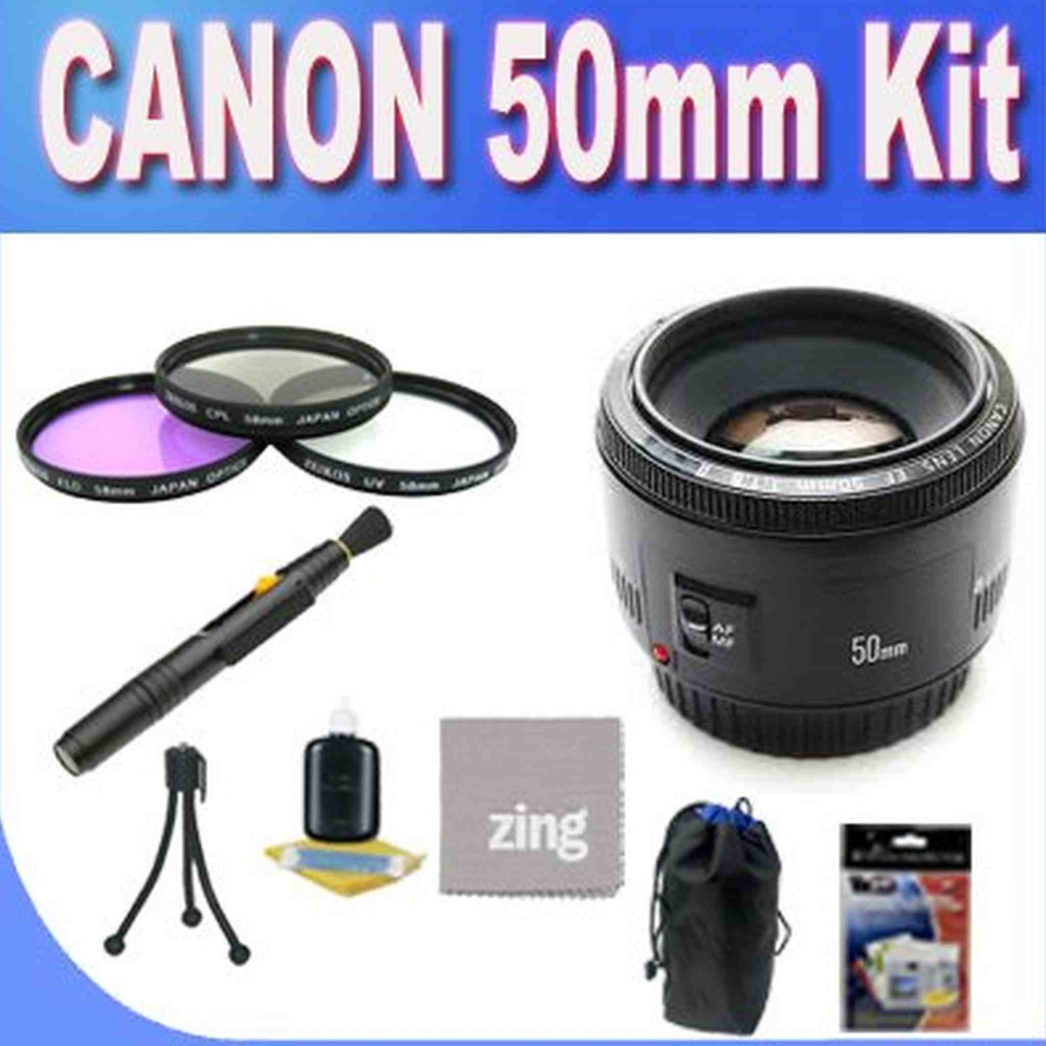 Canon EF 50mm f/1.8 II Camera Lens + 3 Piece Filter Kit w/Case + Lens Pouch + Microfiber Cleaning Cloth + Lens Pen Cleaner + Accessory Saver Bundle