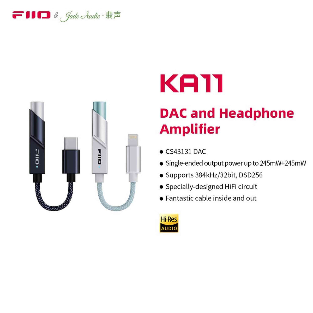 FiiO KA11 USB C to 3.5mm Audio Adapter 32bit/384KHz, USB Type C Dongle HiFi DAC Amplifier for Android/iOS/Windows/Mac Black, TC