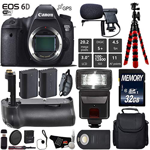Canon EOS 6D DSLR Camera Body Only + Professional Battery Grip + Condenser Microphone + Flash + Extra Battery + Case +
