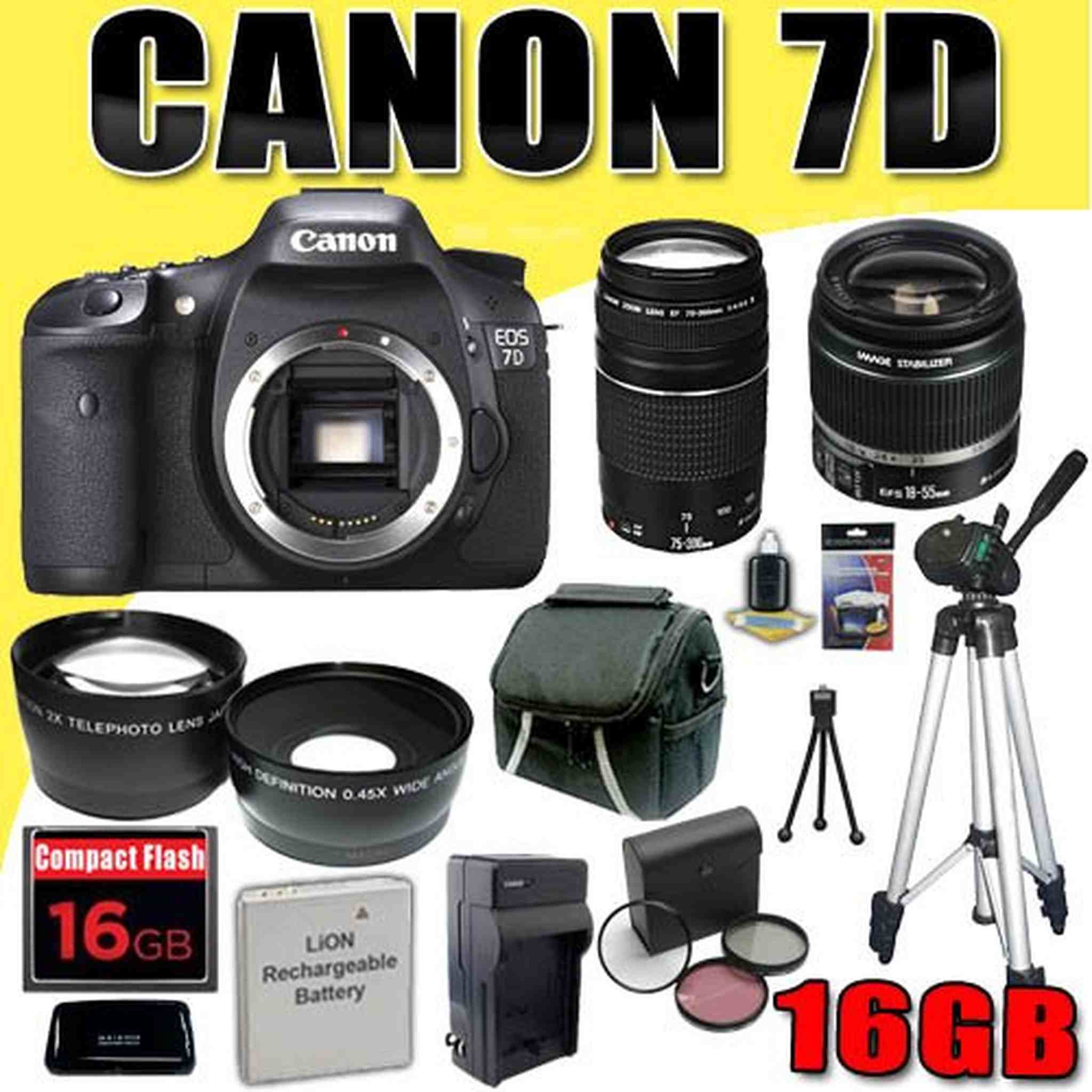 Canon EOS 7D 18 MP CMOS Digital SLR Camera w/Canon EF-S 18-55mm f/3.5-5.6 is Lens & Canon EF 75-300mm f/4-5.6 III Telephoto Zoom Lens LPE6 Battery/Charger Wide Angle/Telephoto Lenses Filter Kit 16G Canon
