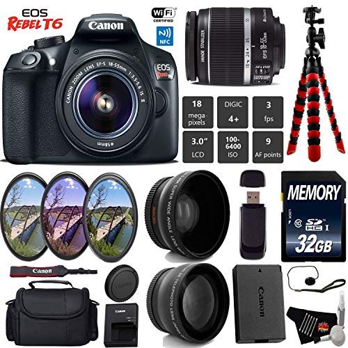 Canon EOS Rebel T6 DSLR Camera with 18-55mm is II Lens + UV FLD CPL Filter Kit + Wide Angle & Telephoto Lens + Camera Ca