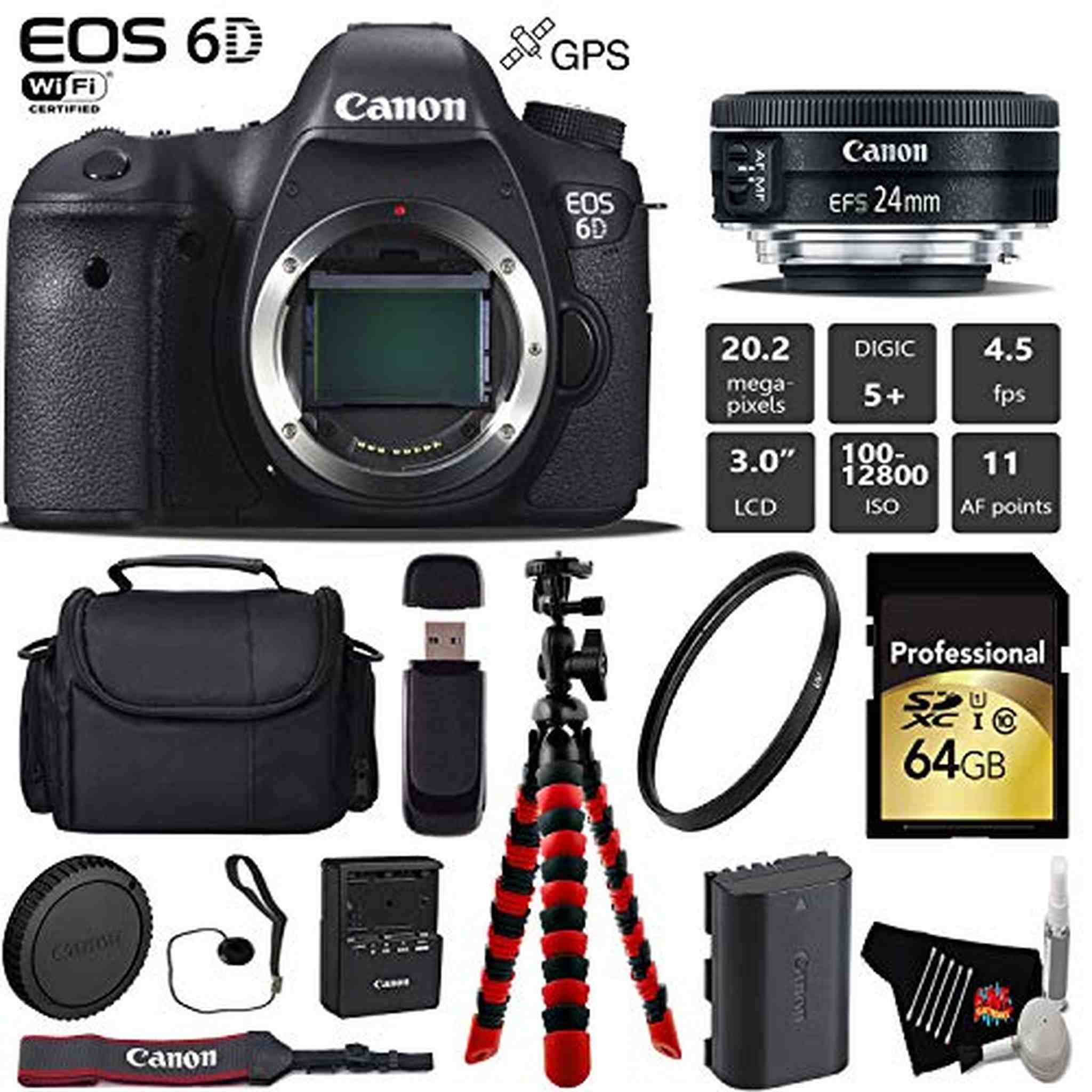Canon EOS 6D DSLR Camera with 24mm f/2.8 STM Lens + Wireless Remote + UV Protection Filter + Case + Wrist Strap + Tripod Canon
