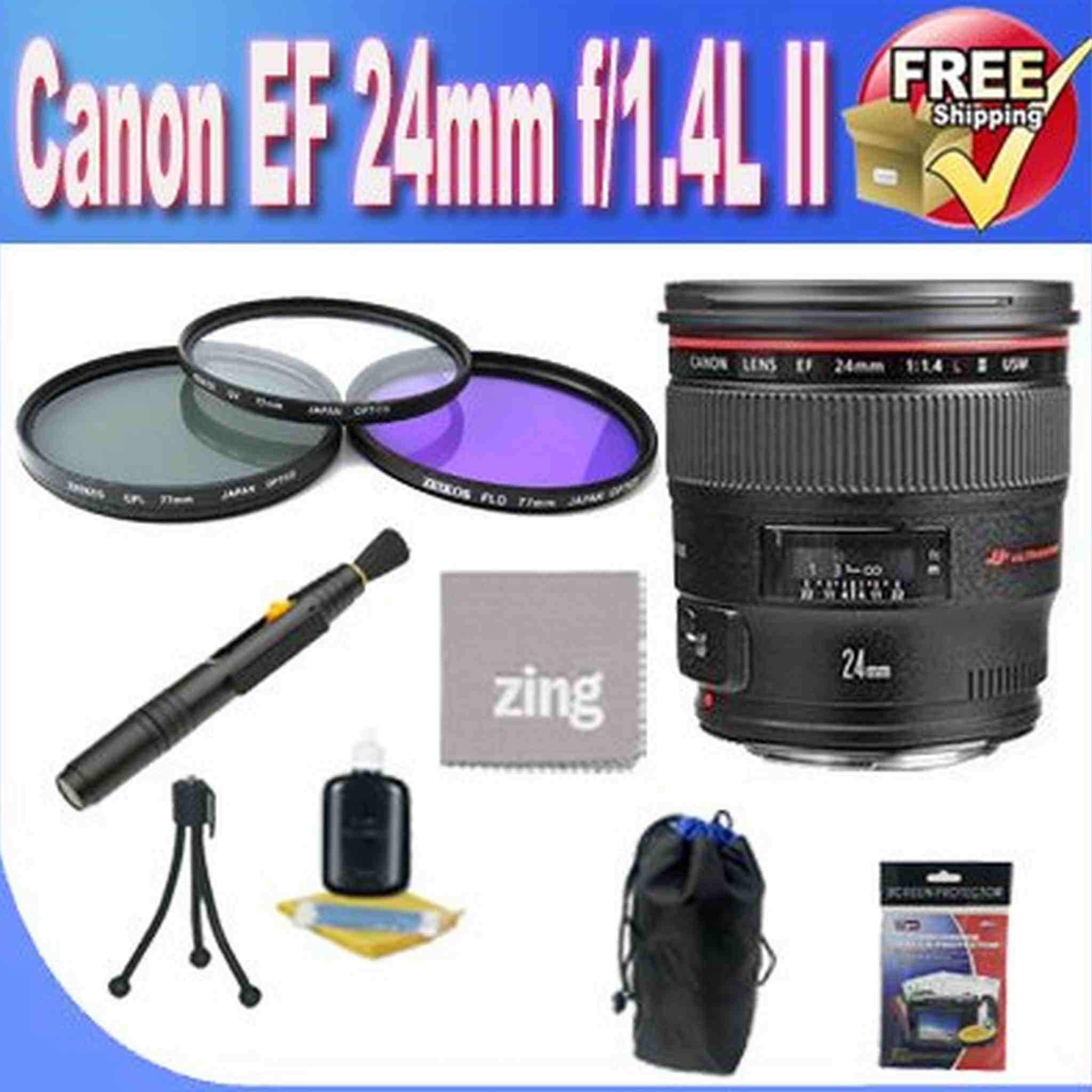 Canon EF 24mm f/1.4 L USM II Wide Angle Lens + 3 Piece Filter Kit + Lens Case + Zing MicroFiber Cleaning Cloth + Lens Pen Cleaner + Lens Accessory Saver Bundle Canon
