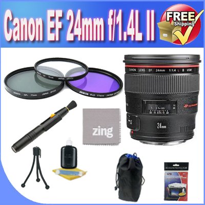 Canon EF 24mm f/1.4 L USM II Wide Angle Lens + 3 Piece Filter Kit + Lens Case + Zing MicroFiber Cleaning Cloth + Lens Pen Cleaner + Lens Accessory Saver Bundle