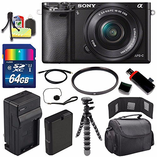 Sony Alpha a6000 Mirrorless Digital Camera with 16-50mm Lens (Black) + Battery + Charger + 64GB Bundle 3 - International