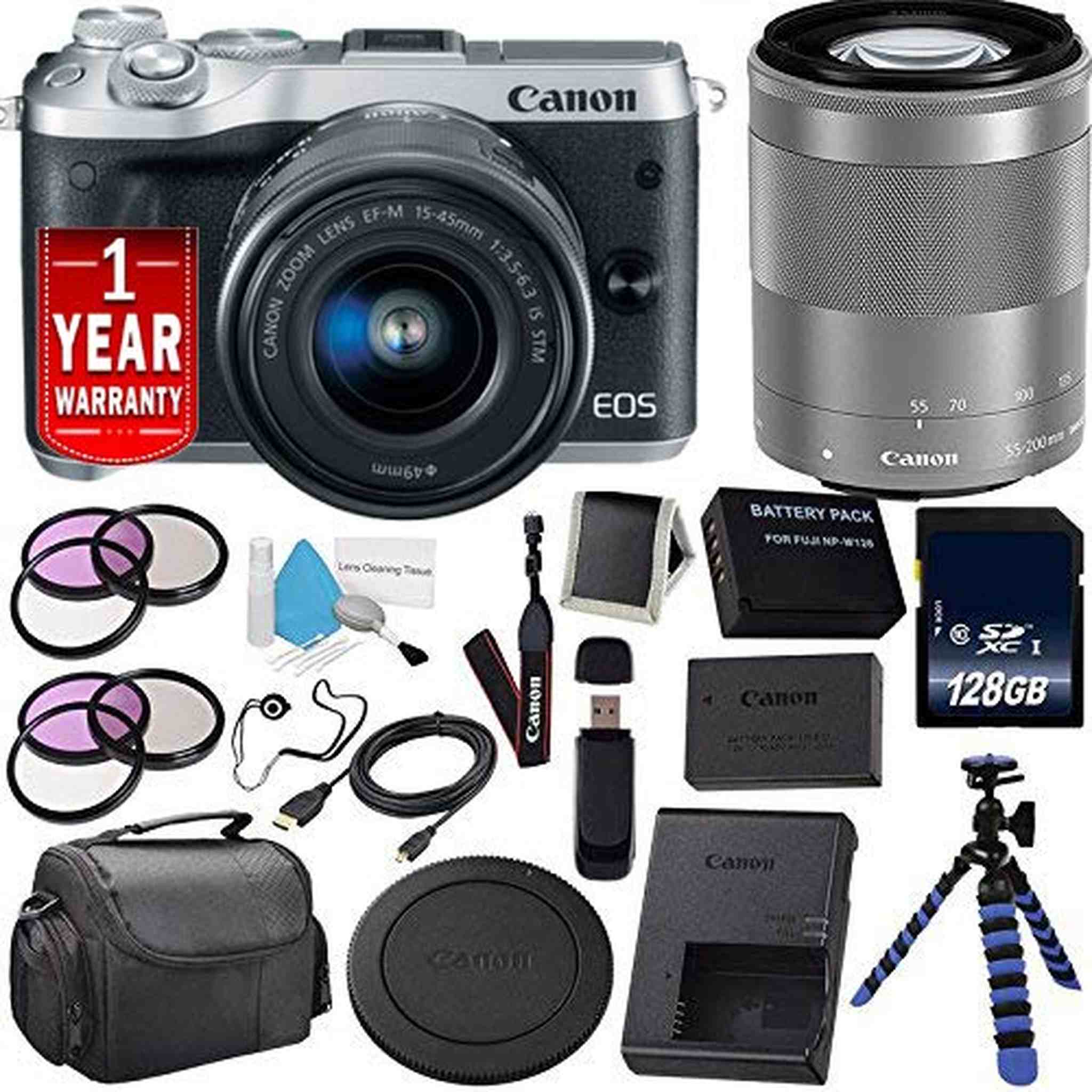 6Ave Canon EOS M6 Mirrorless Digital Camera with 15-45mm Lens Silver 1725C011 International Model + Canon EF-M 55-20 Canon