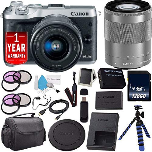 6Ave Canon EOS M6 Mirrorless Digital Camera with 15-45mm Lens (Silver) 1725C011 (International Model) + Canon EF-M 55-20