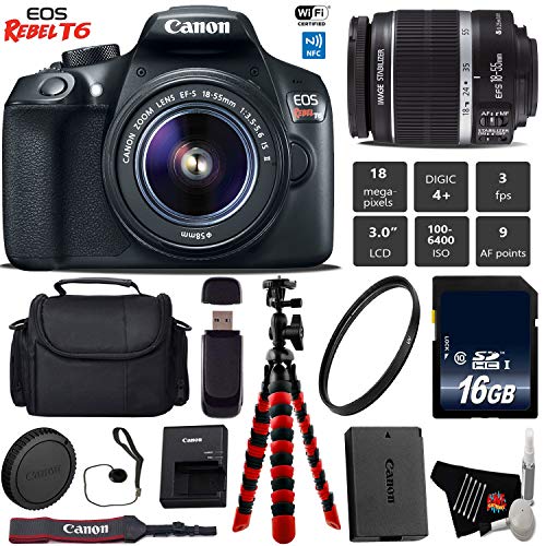 Canon EOS Rebel T6 DSLR Camera 18-55mm is II Lens + Flexible Tripod + UV Protection Filter + Professional Case Base Bundle