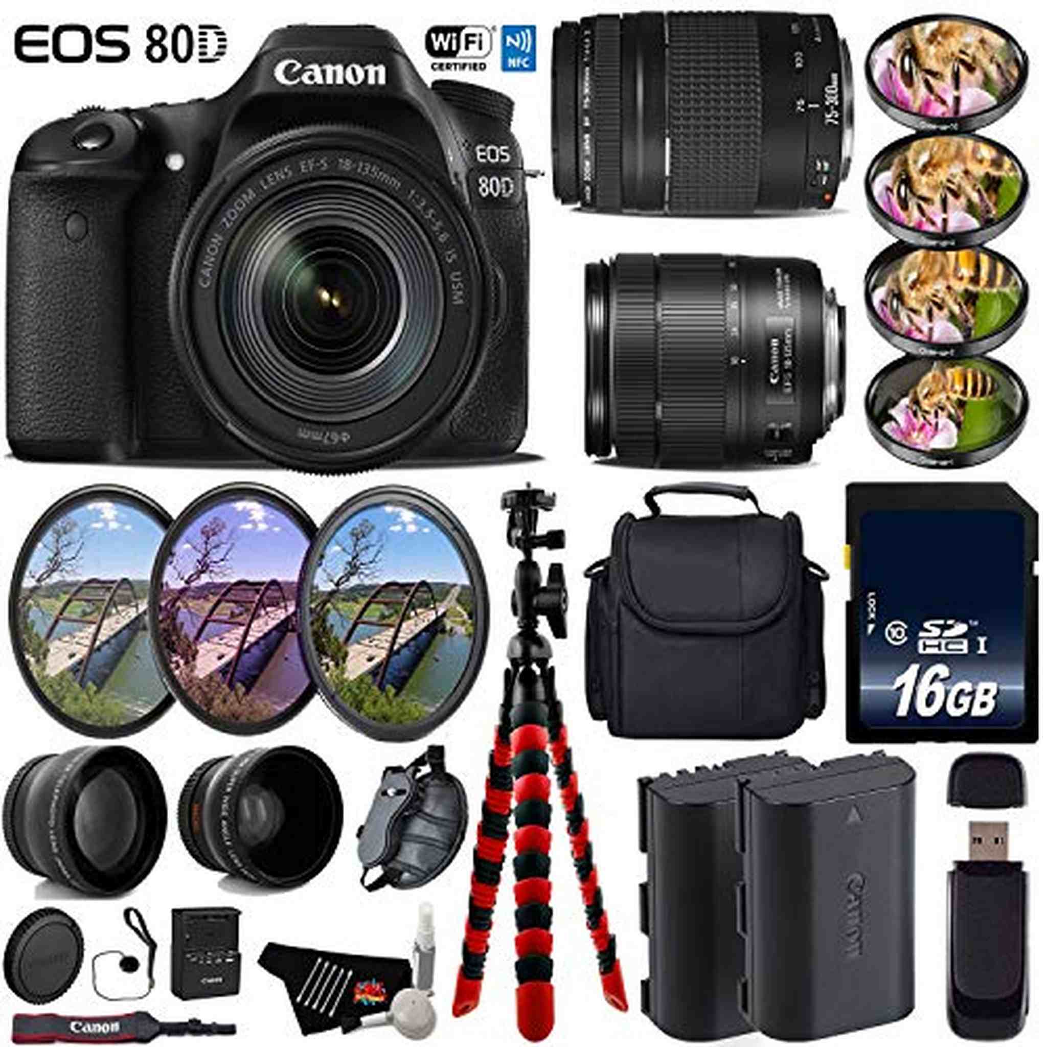 Canon EOS 80D DSLR Camera & 18-135mm is STM Lens & 75-300mm III Lens + UV FLD CPL Filter Kit + 4 PC Macro Kit Advanced Bundle