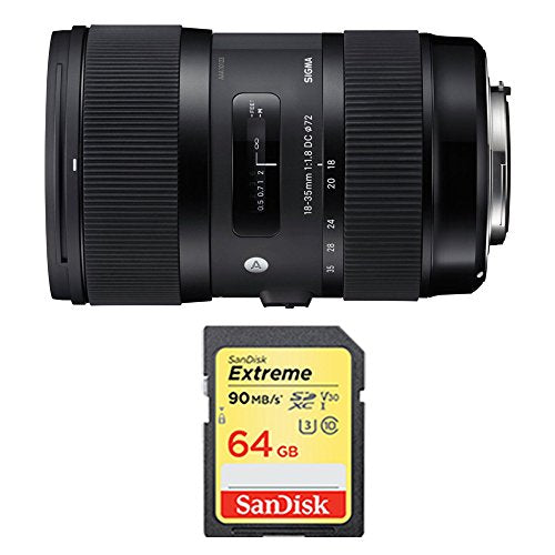 Sigma AF 18-35mm f/1.8 DC HSM Lens for Canon Includes Sandisk 64GB Extreme SD Memory UHS-I Card w/ 90/60MB/s Read/Write Bundle