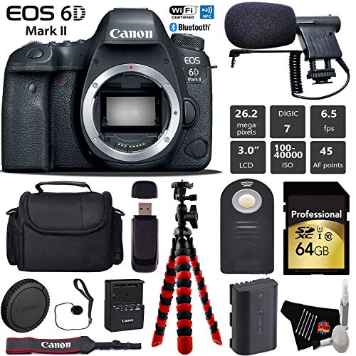 Canon EOS 6D Mark II DSLR Camera (Body Only) + Wireless Remote + Condenser Microphone + Case + Wrist Strap + Tripod Pro Bundle