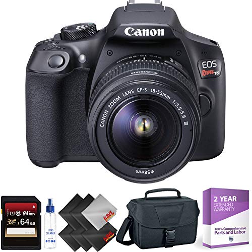 Canon EOS Rebel T6 DSLR Camera with 18-55mm and 75-300mm Lenses Kit + 64GB Memory Card + 1 Year Warranty Bundle