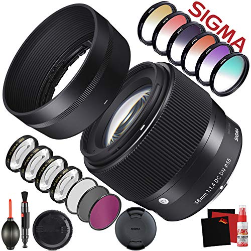 Sigma 56mm f/1.4 DC DN Contemporary Lens for Sony E  (351965)  With FLD Filter, CPL Filter, UV Filter - Color Graduated Filter Kit - Close Up Filter Kit and Cleaning Accessories Bundle