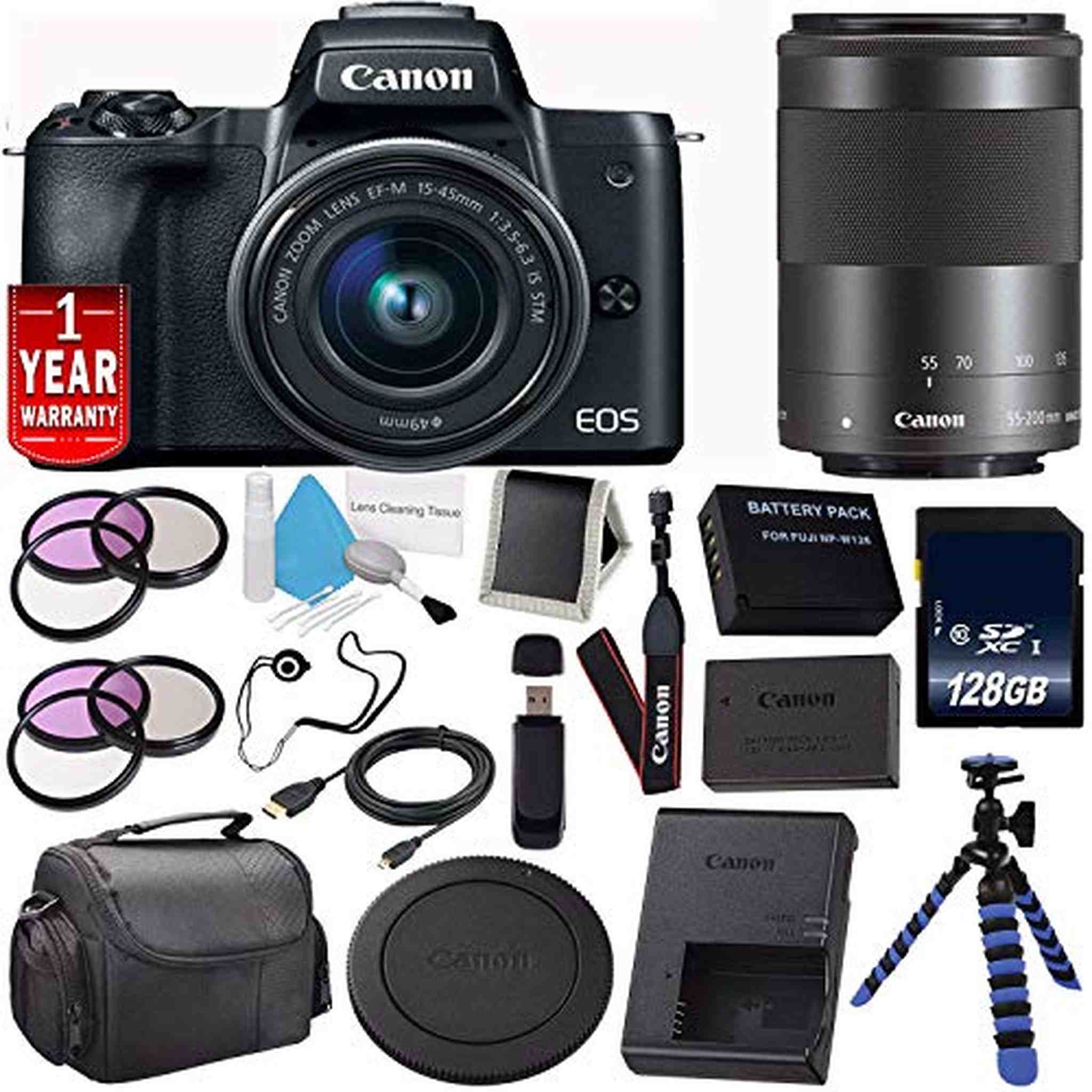 6Ave Canon EOS M50 Mirrorless Digital Camera with 15-45mm Lens Black International Model + Canon EF-M 55-200MM f/4.5