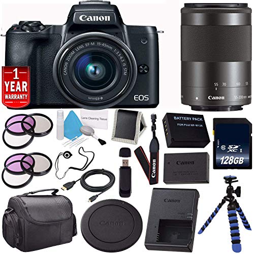 6Ave Canon EOS M50 Mirrorless Digital Camera with 15-45mm Lens Black International Model + Canon EF-M 55-200MM f/4.5