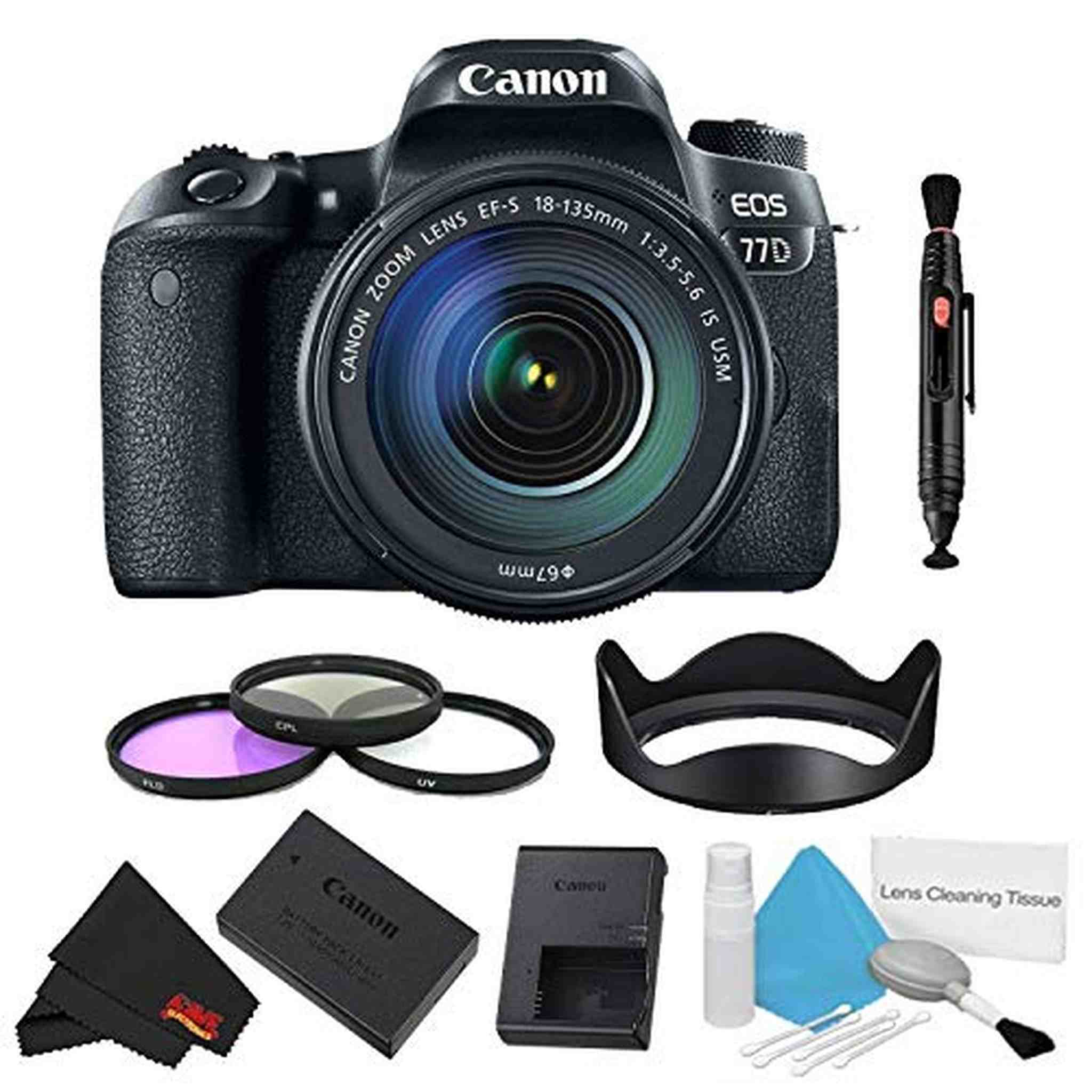 Canon EOS 77D DSLR Camera with 18-135mm Lens Bundle w/ 3 Piece Filter Kit International Model Canon