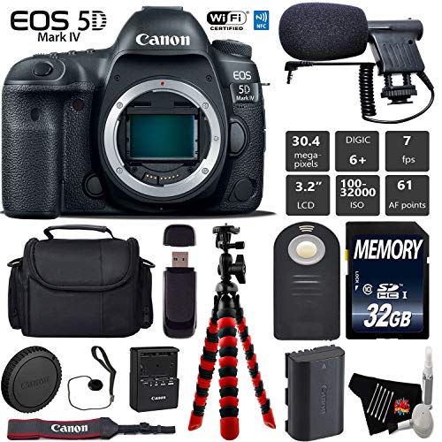 Canon EOS 5D Mark IV DSLR Camera (Body Only) + Wireless Remote + Condenser Microphone + Case + Wrist Strap + Tripod Starter Bundle