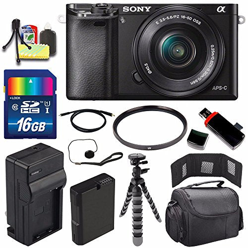 Sony Alpha a6000 Mirrorless Digital Camera with 16-50mm Lens (Black) + Battery + Charger + 16GB Bundle 1 - International