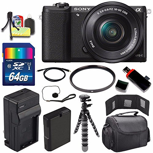 Sony Alpha a5100 Mirrorless Digital Camera with 16-50mm Lens Black + Battery + Charger + 64GB Bundle 3 - International