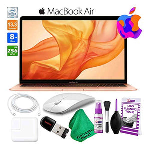 13 Inch MacBook Air w/ Retina Display 256GB SSD Late 2018, Gold MREF2LL/A Laptop Computer Best Value Bundle Includes Wireless Mouse, USB Flash Drive, and Cleaning Kit