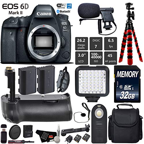 Canon EOS 6D Mark II DSLR Camera (Body Only) + Professional Battery Grip + Condenser Microphone + LED Kit + Extra Battery Starter Bundle