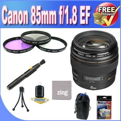 Canon EF 85mm f/1.8 USM Medium Telephoto Lens + 3 Piece Filter Kit + Lens Case + Zing Microfiber Cleaning Cloth + Lens Pen Cleaner + Accessory Bundle!