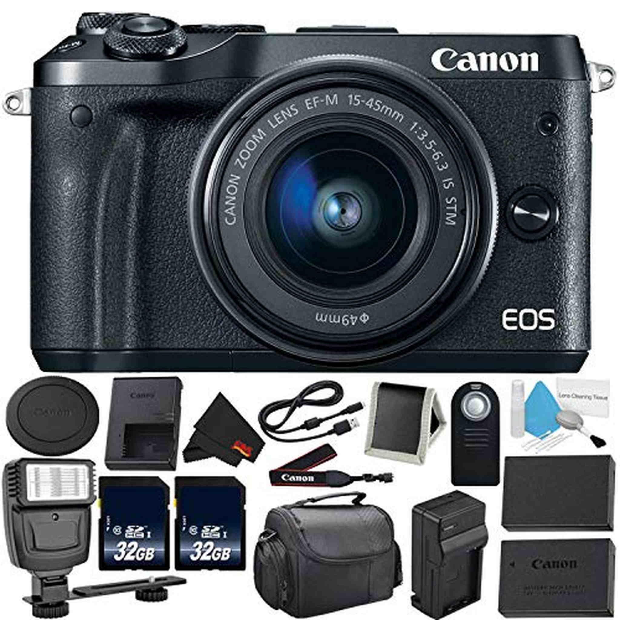 Canon EOS M6 Mirrorless Digital Camera with 15-45mm f/3.5-6.3 is STM Lens Kit- Bundle with 32GB Memory Cards + Remote+ E Canon
