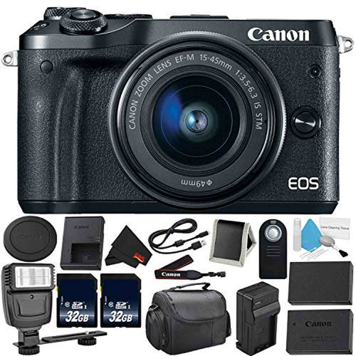 Canon EOS M6 Mirrorless Digital Camera with 15-45mm f/3.5-6.3 is STM Lens Kit- Bundle with 32GB Memory Cards + Remote+ E