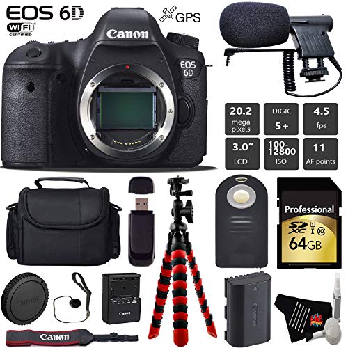 Canon EOS 6D DSLR Camera Body Only + Wireless Remote + Condenser Microphone + Case + Wrist Strap + Tripod + Card Reade