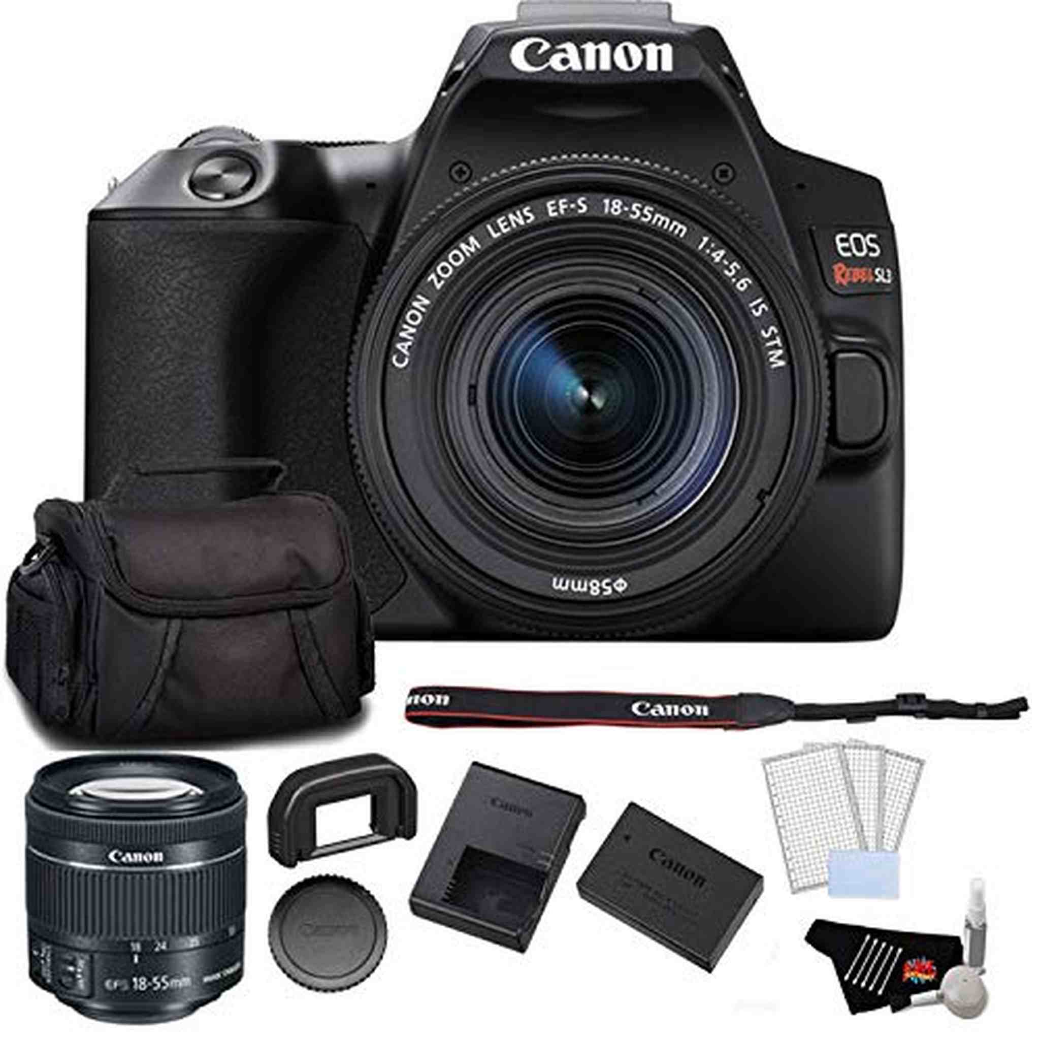 Canon EOS Rebel SL3 DSLR Camera with 18-55mm Lens Black Bundle with LCD Screen Protectors + Carrying Case and More - Used Canon