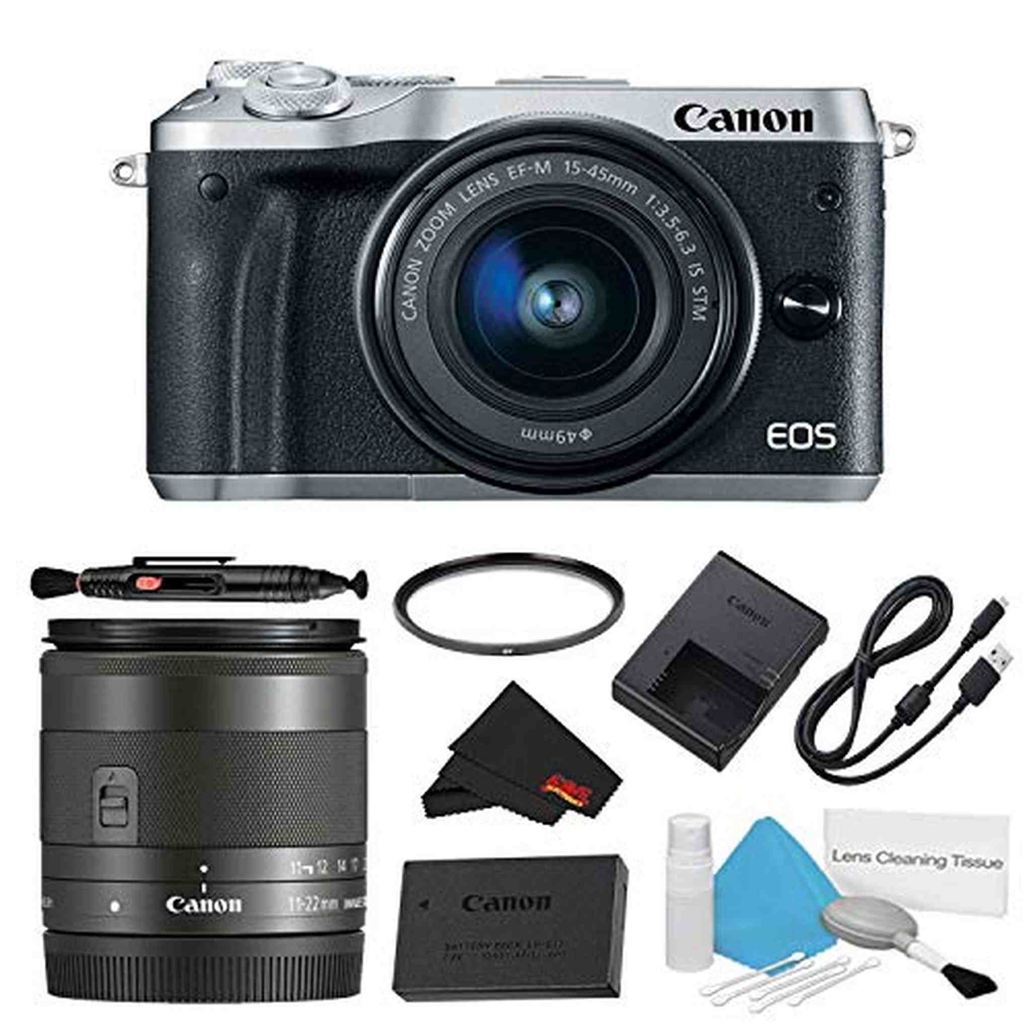 Canon EOS M6 Mirrorless Digital Camera with 15-45mm Lens Silver Basic Bundle w/Bonus EF-M 11-22MM Lens - International Canon