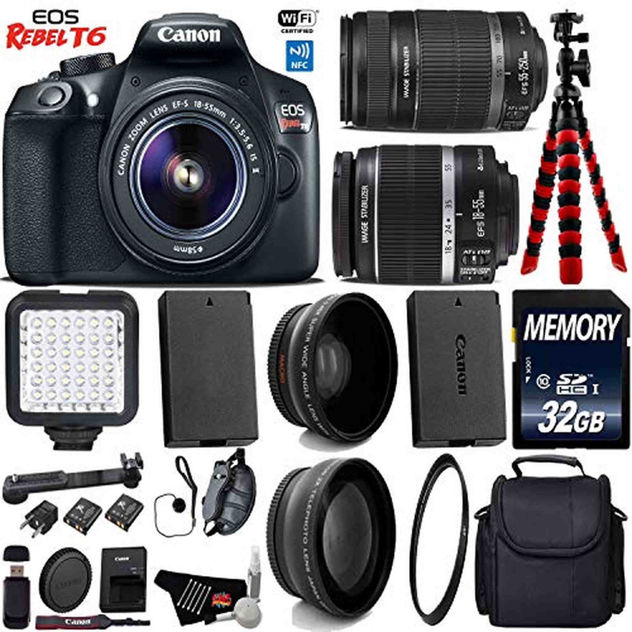 Canon EOS Rebel T6 DSLR Camera 18-55mm is Lens & 55-250mm is II Lens + LED + UV FLD CPL Filter Kit + Wide Angle & Teleph Canon
