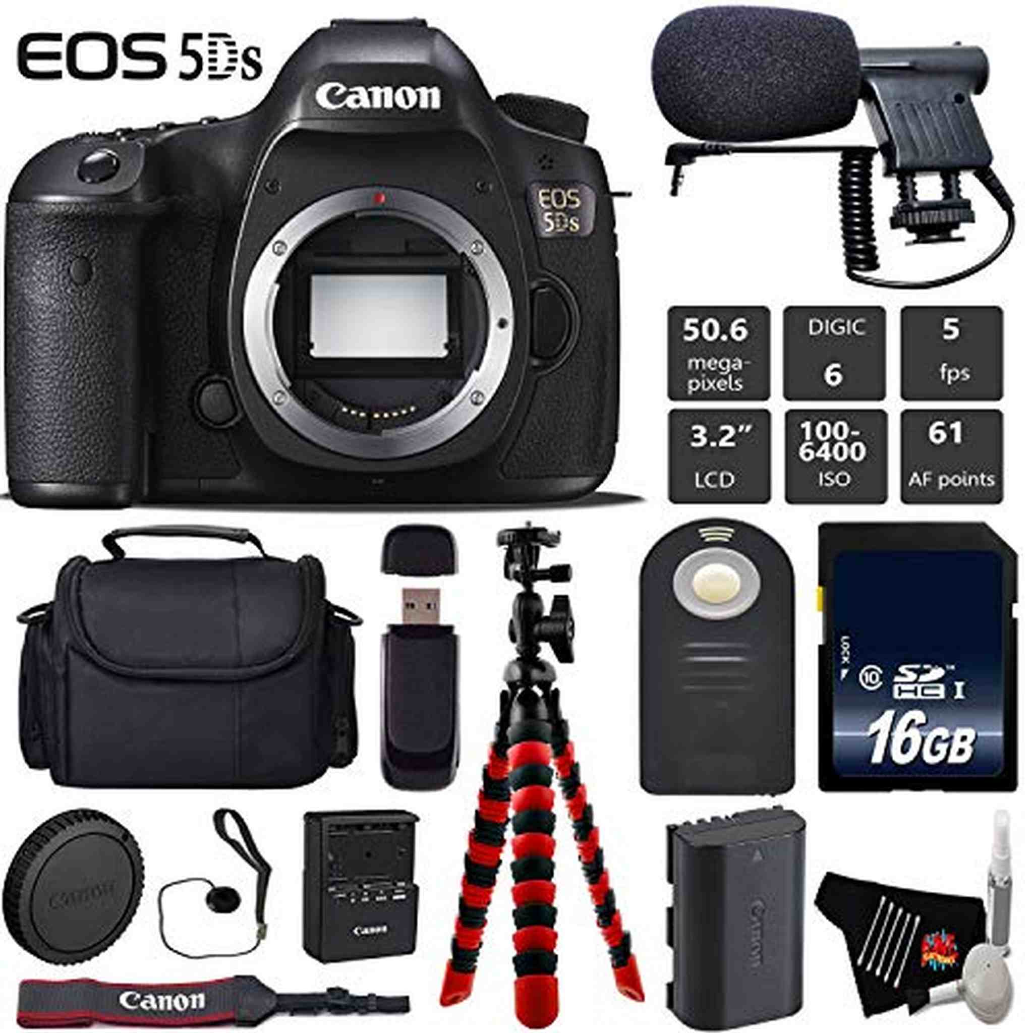 Canon EOS 5DS DSLR Camera Body Only + Wireless Remote + Condenser Microphone + Case + Wrist Strap + Tripod Base Bundle