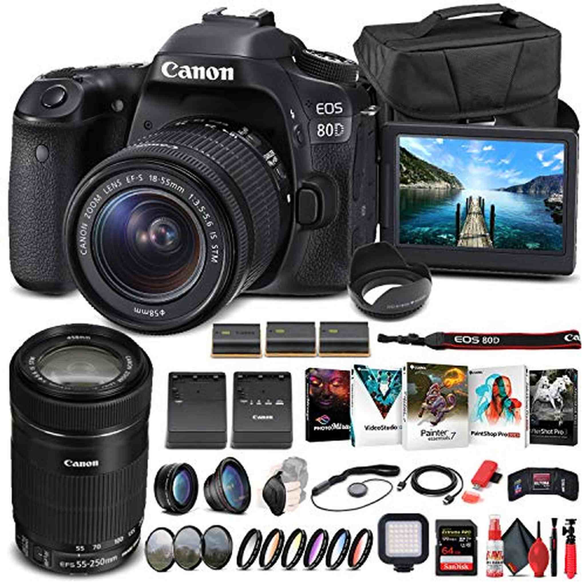 Canon EOS 80D Camera W/ 18-55mm Lens and EF-S 55-250mm Lens - Advanced Bundle - Reconditioned Canon