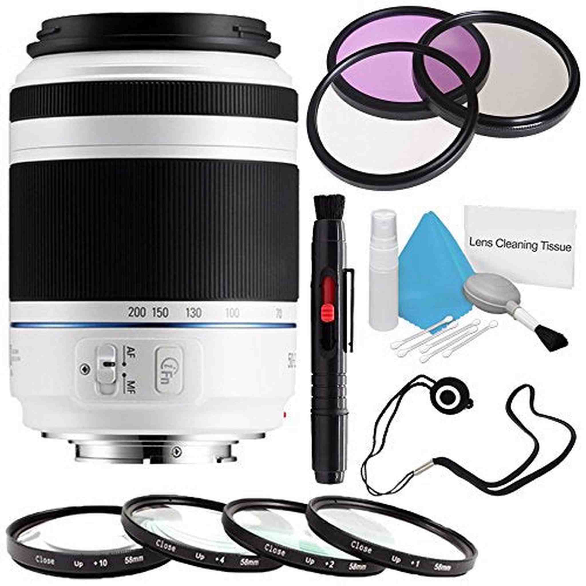 Samsung 50-200mm f/4.0-5.6 ED OIS Lens White EX-T50200CSWUS + 3 Piece Filter Kit + Macro Close Up Kit + Lens Cap Keepe