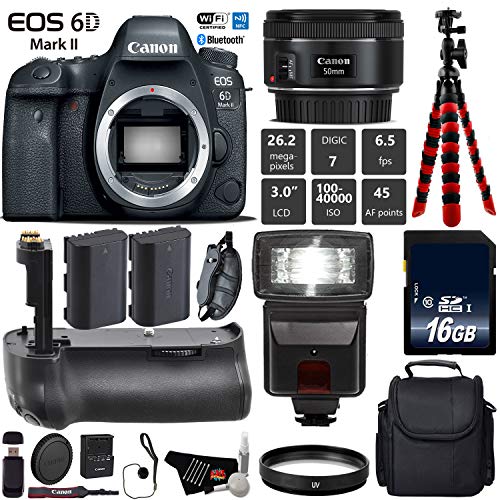 Canon EOS 6D Mark II DSLR Camera With 50mm f/1.8 STM Lens + Professional Battery Grip + UV Protection Filter + Flash Base Bundle