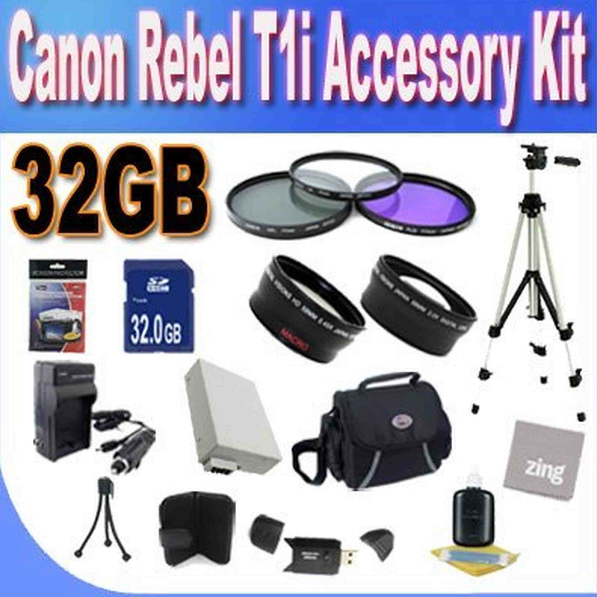 Canon T1I Accessory Saver Kit 58mm Wide Angle Lens + 58mm 2X Telephoto Lens + 58mm 3 Piece Filter Kit + 32GB SDHC Memory + Extended Life Battery Accessory Saver Bundle!